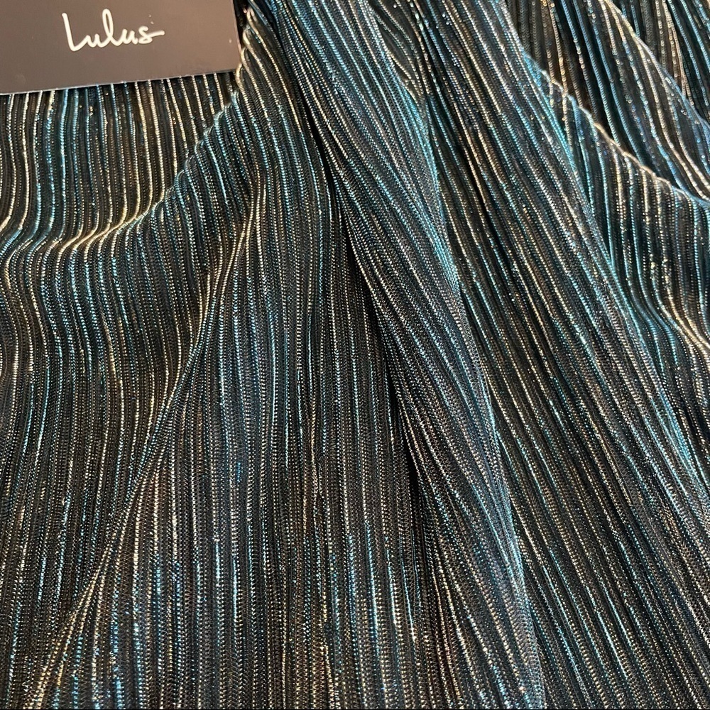 Lulu’s Ailey Gold and Teal Blue Skater Mini Dress w/ Metallic Gold Threading NWT - Picture 10 of 14